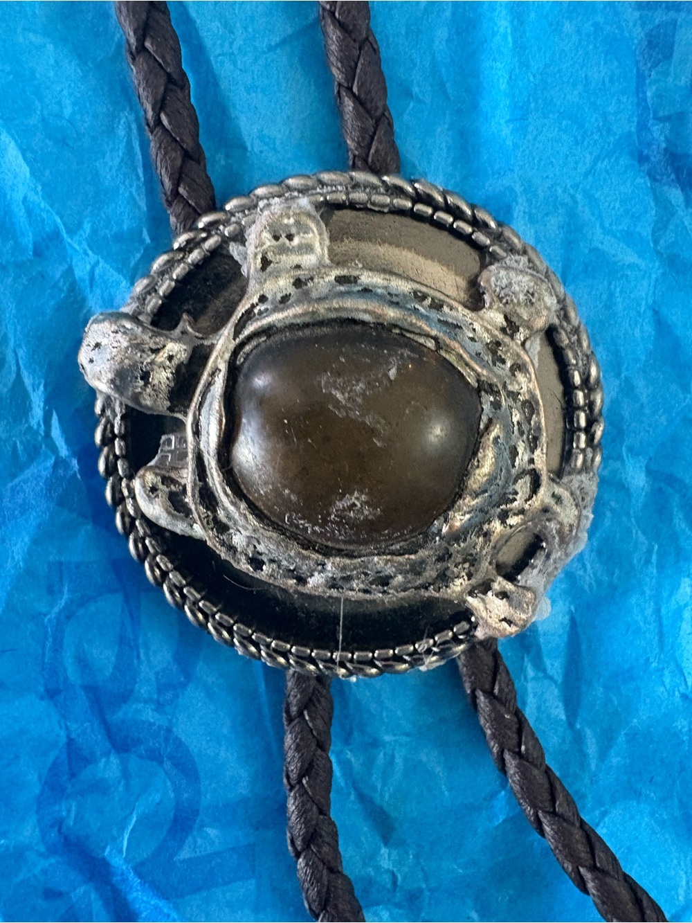 Western Bolo Tie with Dark Brown Stone and Silver-Tone Metal